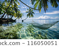 A serene tropical beach scene with clear turquoise water, gently swaying palm trees, by Generative AI 116050051