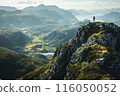 A breathtaking view of a hiker standing on a mountain peak, overlooking vast, by Generative AI 116050052