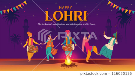 Indian man and woman in traditional dress performing folk dance on Lohri Festival 116050156