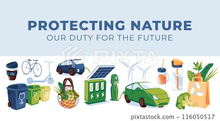 Eco lifestyle set of objects. Zero waste and profitable energy. Electric car and solar charging station. Vector flat illustration Eco lifestyle set of objects. Zero waste and profitable energy. Electric car and solar charging station. Vector flat illustration 116050517