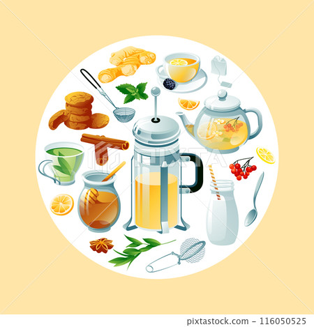 A set of tea items. Square and round composition. Vector illustration. Green, black, herbal teapot, cup and symbols. Vector illustration A set of tea items. Square and round composition. Vector illustration. Green, black, herbal teapot, cup and symbols. Vector illustration 116050525