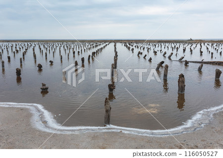 Salt lake with wooden drains, wooden breakwater, poles 116050527