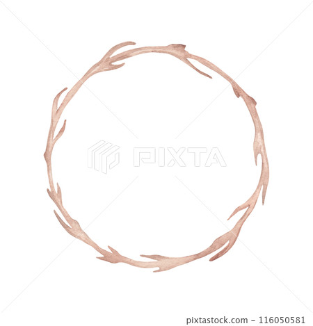 Wooden round frame. Watercolor illustration. An object made from tree branches with texture. Hand drawn isolated art. Backdrop with space for text. Geometric frame design, natural design, eco decor. Wooden round frame. Watercolor illustration. An object made from tree branches with texture. Hand drawn isolated art. Backdrop with space for text. Geometric frame design, natural design, eco decor. 116050581