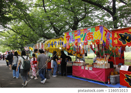 A cherry blossom-lined street lined with festival stalls. A young girl in a yukata strolls around looking at the various stalls and eating whatever she wanted. 116051013
