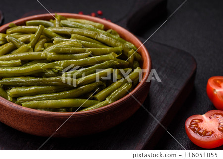 Boiled green bean pods with salt and spices Boiled green bean pods with salt and spices 116051055