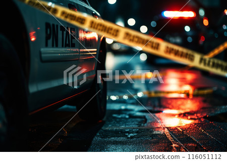 Crime scene with secure tape and police car in night 116051112