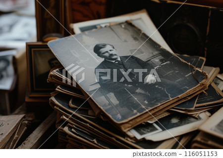 Old family album with vintage sepia style photo 116051153