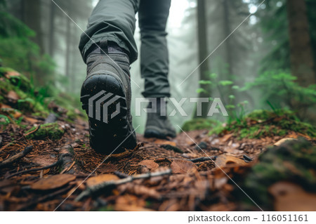 Back view of traveler boots walking in mountain forest Back view of traveler boots walking in mountain forest 116051161
