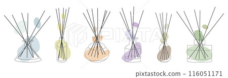 Set of aroma diffusers in jar with wooden Bamboo sticks for the home. Doodle sketch style. Linear simple diffuser with Abstract color shapes, hand drawn in line style. Isolated vector illustration. Set of aroma diffusers in jar with wooden Bamboo sticks for the home. Doodle sketch style. Linear simple diffuser with Abstract color shapes, hand drawn in line style. Isolated vector illustration. 116051171