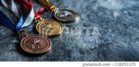golden, bronze ansd silver sports medals on grey background 116051175