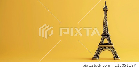 Eiffel Tower figurine on yellow background, retro style, copy space 116051187