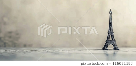 Eiffel Tower figurine, retro black and white background, copy space 116051193