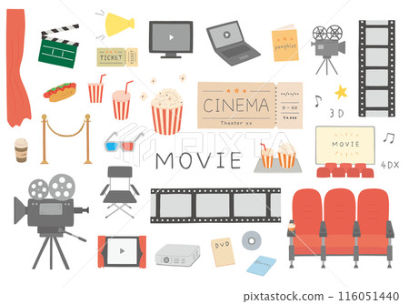 Hand-drawn movie-related illustration set (color/no main lines) 116051440