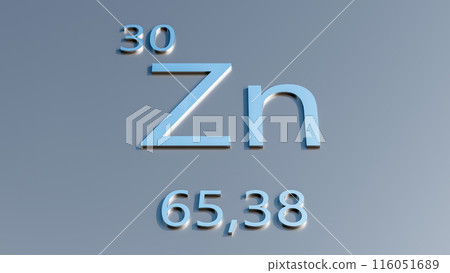 Zinc. Scientific medical research, the effect on human health. The designation of Zinc in the periodic table. 3d rendering 116051689