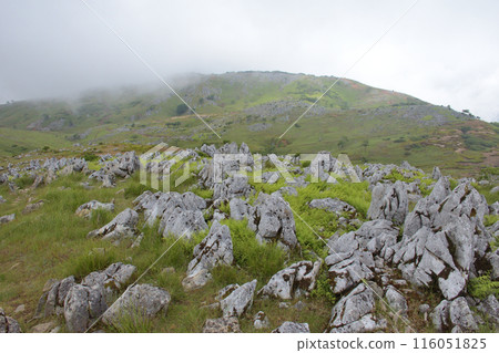 Mount Reizen, with its karst topography, is covered in fast-moving clouds 116051825