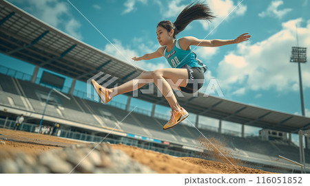 在跳遠比賽中的女田徑運動員 在跳遠比賽中的女田徑運動員 116051852