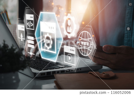 A futuristic representation of a Content Management System (CMS) interface with digital icons, showcasing technology and business integration. A futuristic representation of a Content Management System (CMS) interface with digital icons, showcasing technology and business integration. 116052006