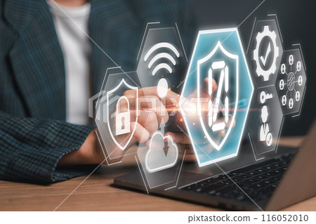 Illustration of zero trust cybersecurity concept with digital shield, network icons, and a person using a laptop, emphasizing secure data protection. 116052010