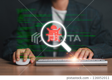 Magnifying glass highlighting a bug icon on a computer screen, symbolizing the debugging process in software development. Magnifying glass highlighting a bug icon on a computer screen, symbolizing the debugging process in software development. 116052011