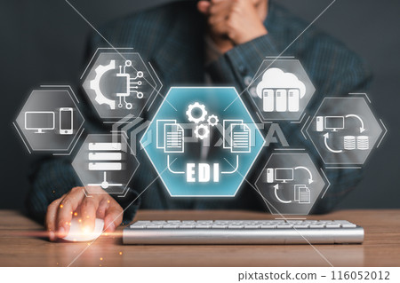 Business professional utilizing EDI technology for seamless data exchange and improved business communication. 116052012