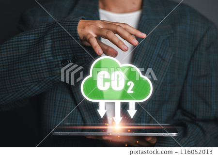 Visual representation of CO2 emission reduction using digital technology, emphasizing environmental sustainability and innovation. 116052013