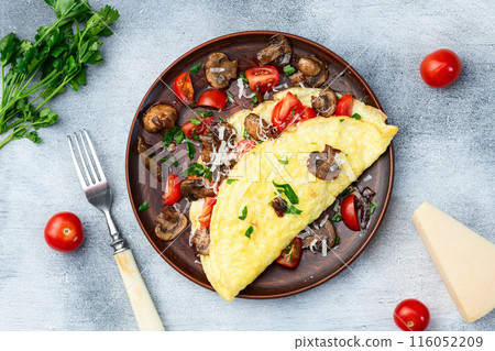 Omelette stuffed with mushrooms , tomatoes and parsley 116052209