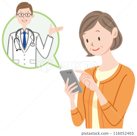 Middle-aged woman receiving online medical treatment via smartphone 116052403