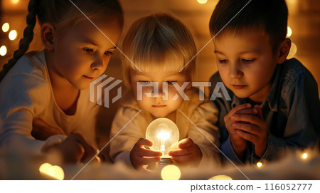 Children hold a glowing lightbulb with a curious expression. The concept of youthful curiosity, bight ideas, and the potential for innovation. 116052777