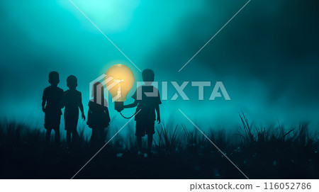 Children hold a glowing lightbulb with a curious expression. The concept of youthful curiosity, bight ideas, and the potential for innovation. 116052786