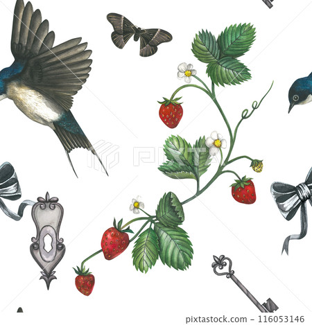 Watercolor seamless pattern from illustrations of swallow, strawberry, moth, bow, key, keyhole. Hand drawn, isolated on a white background. Watercolor seamless pattern from illustrations of swallow, strawberry, moth, bow, key, keyhole. Hand drawn, isolated on a white background. 116053146