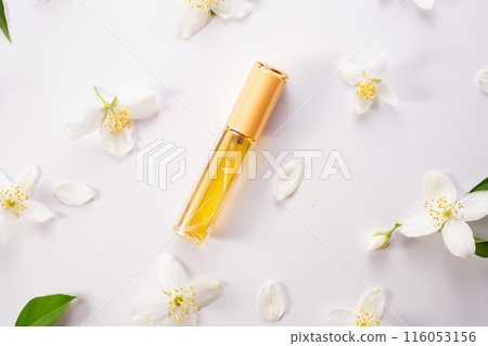Jasmine essential and Jasmine flowers on white background. Copy space. Flat lay 116053156