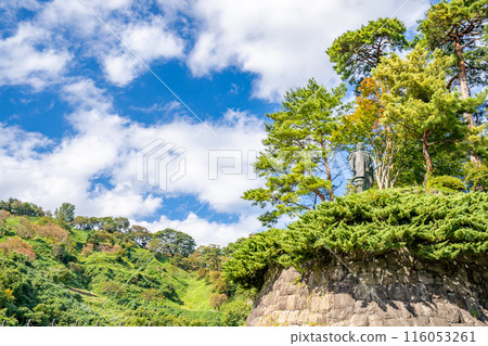 Kasugayama Castle ruins: The castle of Uesugi Kenshin, a famous general from the Warring States period. The sturdy fortress of Kasugayama Castle makes clever use of the natural terrain. Kasugayama Castle ruins: The castle of Uesugi Kenshin, a famous general from the Warring States period. The sturdy fortress of Kasugayama Castle makes clever use of the natural terrain. 116053261