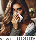 Woman blowing her nose 116053359