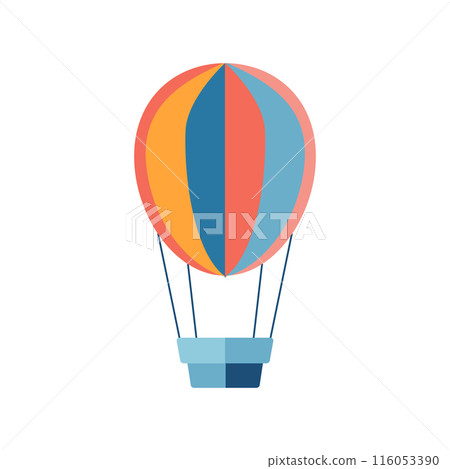 A geometrically styled hot air balloon with a basket, isolated on a white background. Suitable for print, decoration, poster printing, and home decor A geometrically styled hot air balloon with a basket, isolated on a white background. Suitable for print, decoration, poster printing, and home decor 116053390