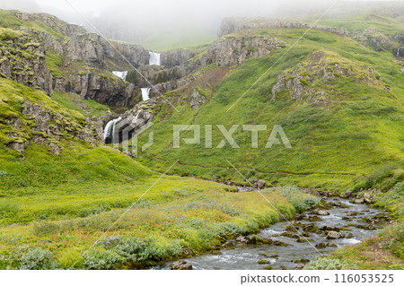 Klifbrekkufossar falls in summer season view, Iceland. Klifbrekkufossar falls in summer season view, Iceland. 116053525