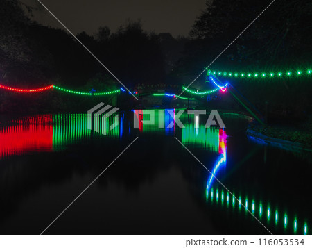 Peasholm Park, Scarborough, at night, lights reflecting in the water, Yorkshire Peasholm Park, Scarborough, at night, lights reflecting in the water, Yorkshire 116053534