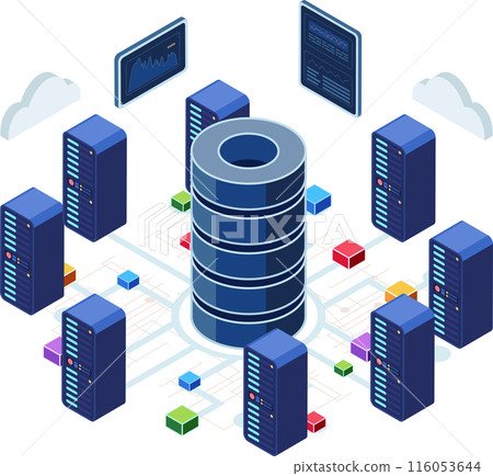 Isometric Data Center with Servers and Network Connection 116053644