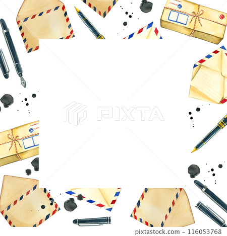 Square frame for World Post Day. Envelopes, letters, pens and ink drops hand drawn in watercolor on a white background. Suitable for printing on cards, invitations, scrapbooking and design. 116053768