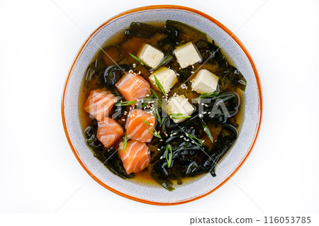 Miso Soup With Salmon On White Background, Isolate, For Restaurant Menu, Food Delivery, Sushi Bar 116053785