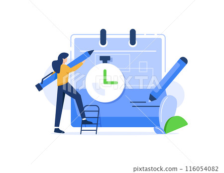 Cartoon vector illustration of woman check calendar have plan on memo, Working and day planning concept. Female human character on white background 116054082