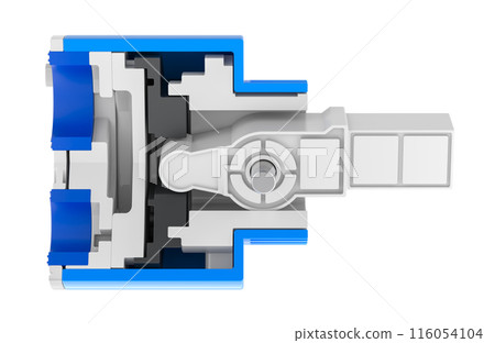 Cross-section of Replacement Ceramic Disc Faucet Cartridge. 3D rendering Cross-section of Replacement Ceramic Disc Faucet Cartridge. 3D rendering 116054104