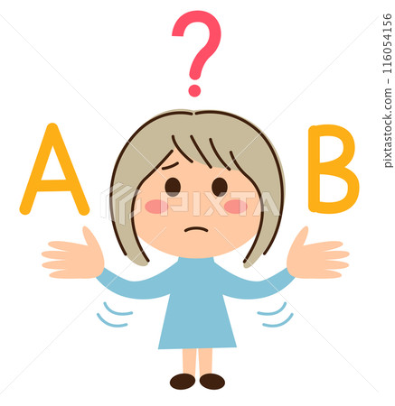 A girl holding A and B in both hands and a question mark A girl holding A and B in both hands and a question mark 116054156