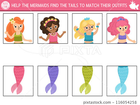 Mermaid matching activity with colored tail. Marine puzzle with sea princess. Match heads and tails game. Ocean kingdom printable worksheet. Fairytale logical match up page 116054258