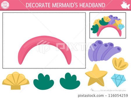 Vector mermaid cut and glue activity with headband. Crafting game with sea princess hair accessory. Fun marine printable worksheet for kids. Decorate the band with star, seaweeds, shell Vector mermaid cut and glue activity with headband. Crafting game with sea princess hair accessory. Fun marine printable worksheet for kids. Decorate the band with star, seaweeds, shell 116054259