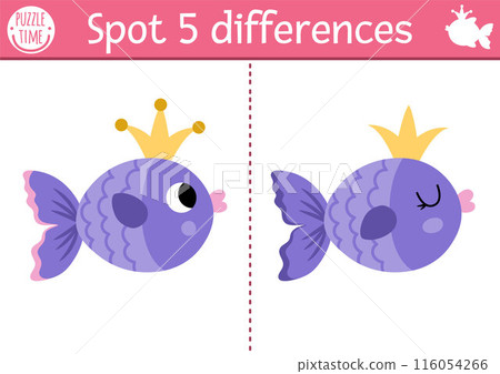 Find differences game for children. Mermaid educational activity with fish sea princess. Cute puzzle for kids with funny animal with crown. Printable worksheet or page for logic and attention skills 116054266