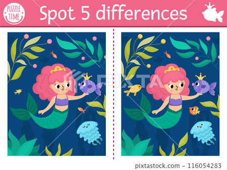 Find differences game for children. Mermaid educational activity with sea princess, underwater landscape, jellyfish. Cute puzzle for kids. Printable worksheet or page for logic and attention skills 116054283