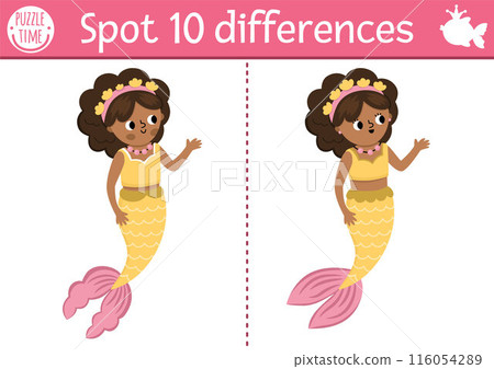 Find differences game for children. Mermaid educational activity with sea princess. Cute puzzle for kids with funny girl with tail. Printable worksheet or page for logic and attention skills 116054289