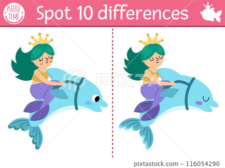 Find differences game for children. Mermaid educational activity with sea princess riding dolphin. Cute puzzle for kids with girl with tail. Printable worksheet or page for logic and attention skills 116054290