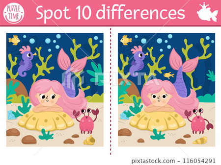 Find differences game for children. Mermaid educational activity with sea princess, underwater landscape, crab. Cute puzzle for kids. Printable worksheet or page for logic and attention skills 116054291