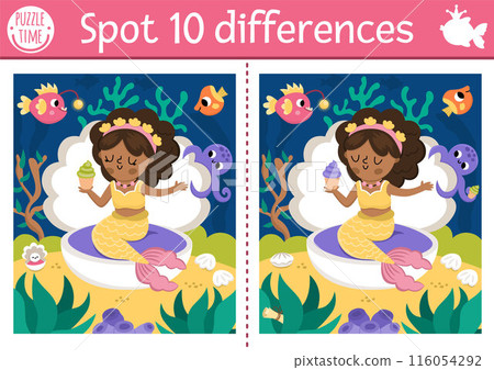 Find differences game for children. Mermaid educational activity with sea princess with cupcake in seashell. Cute puzzle for kids. Printable worksheet or page for logic and attention skills 116054292